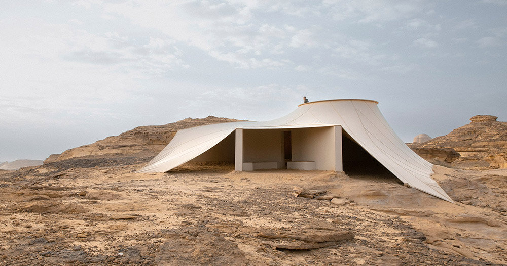 clover studio mimics bedouin tents, scattering hegra viewpoints across alUla desert