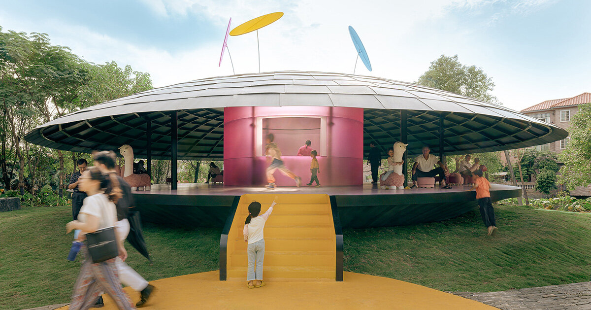 MAD architects honors childhood with flying saucer-like installation at chinese art festival