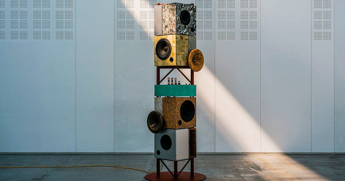 material record creates noon speaker using fuel tanks, denim scraps and construction waste