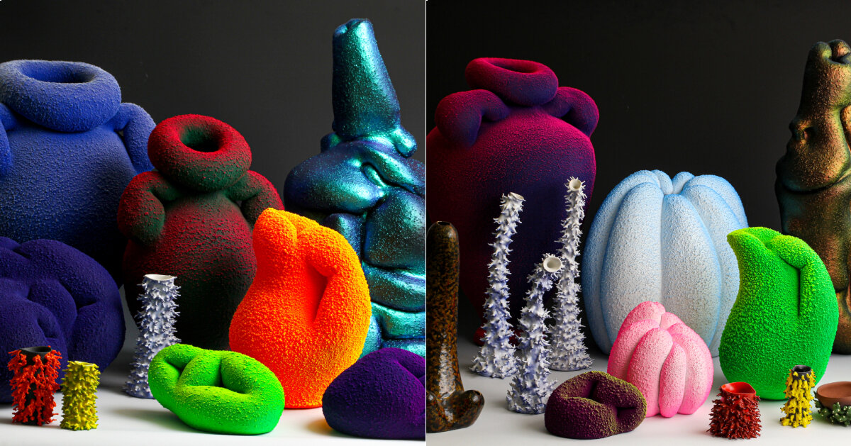 maxwell mustardo’s fluorescent, fuzzy vases reimagine ancient roman amphorae in PVC