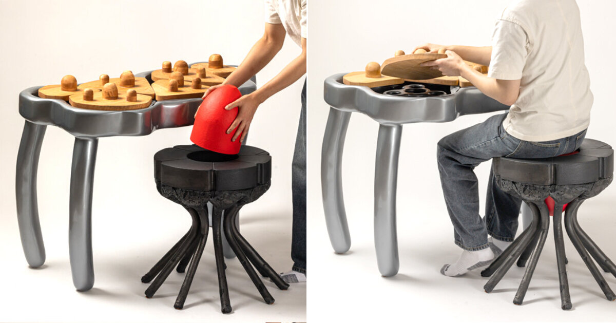 puzzle pieces assemble yun jeongsu’s table & stool, emphasizing values of collabortion