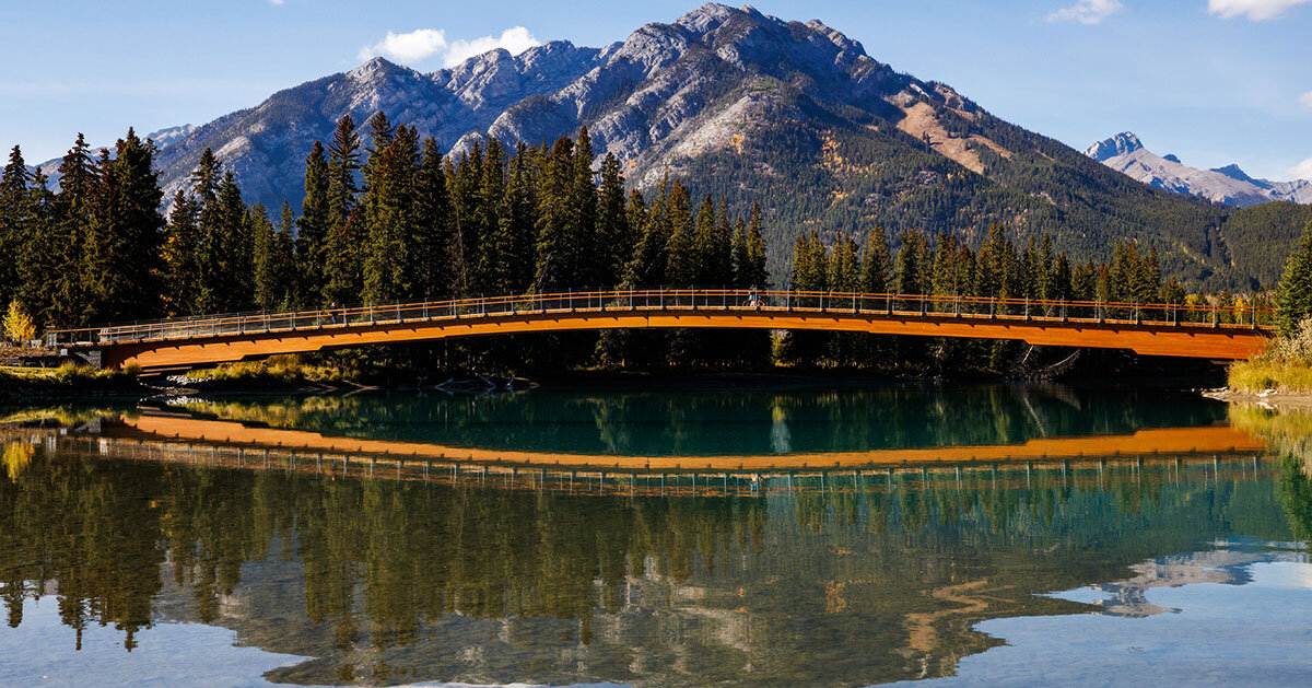 nancy pauw pedestrian bridge’s timber arch spans over bow river in canada