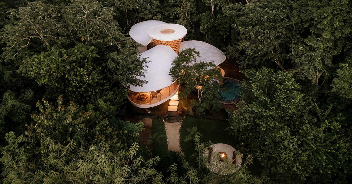 bamboo dome unites petal-shaped roofs of sustainable villa by NOD studio in mexico