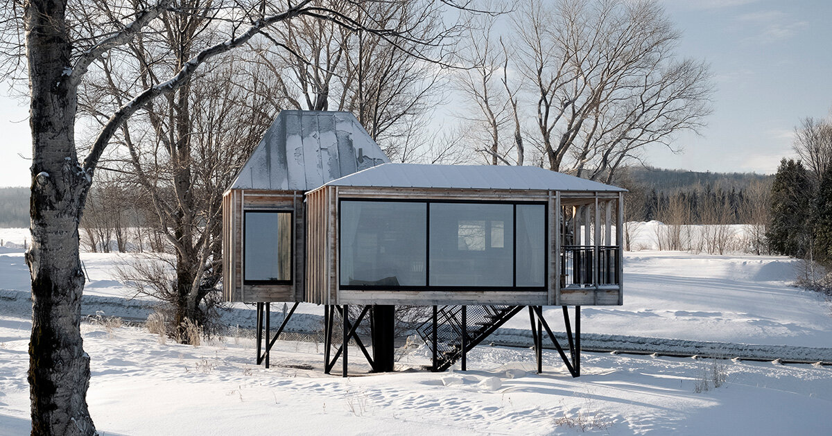 modular residence by delordinaire balances on stilts to preserve natural terrain in quebec