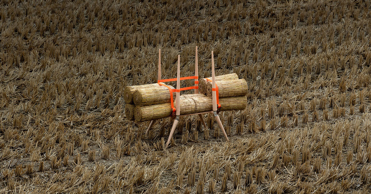 rice straw bundles atop wooden A-frame craft jige-inspired chair by sukchulmok 