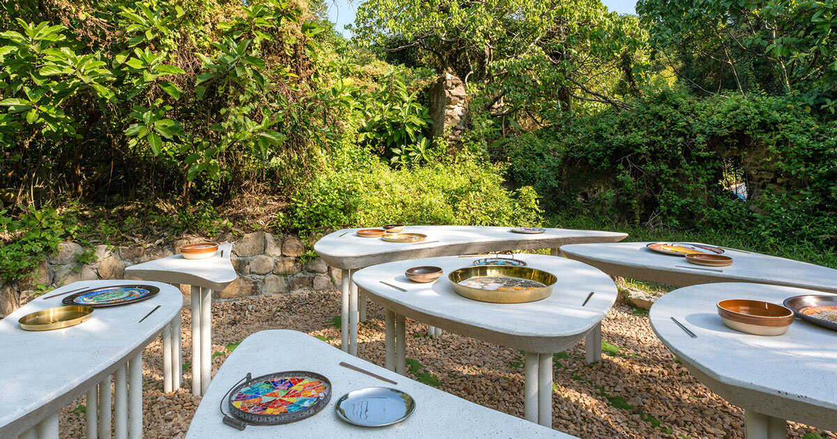 AI illustrations of food adorn vibrant mosaic plates for dining table installation in hong kong