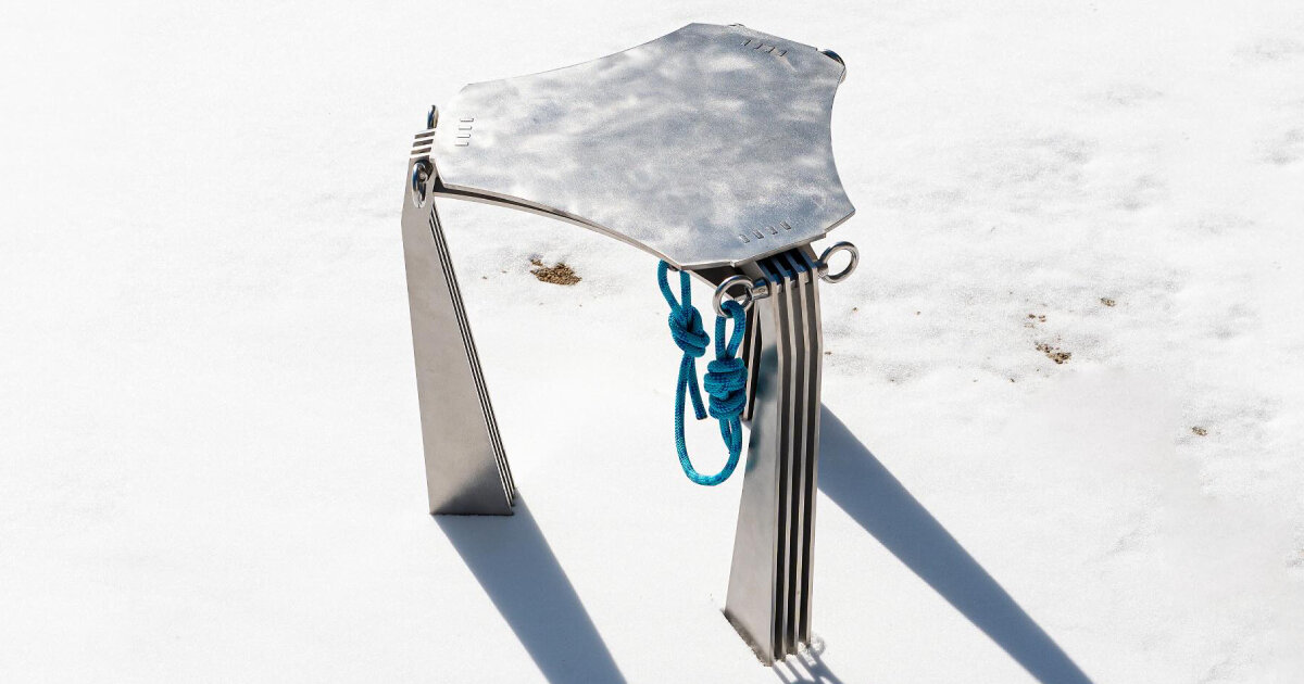 stainless steel ‘cling’ stool with carabiner and rope draws design from rock climbing