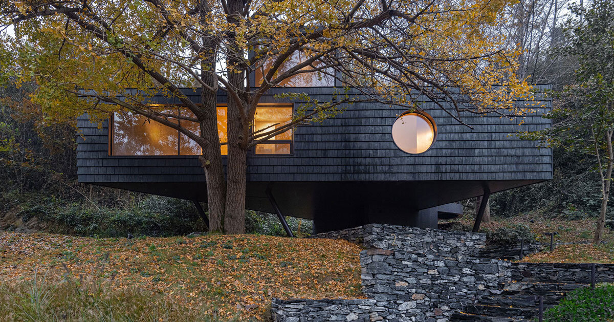 geometric openings pierce elevated treehouse clad in charred cedar planks in hubei