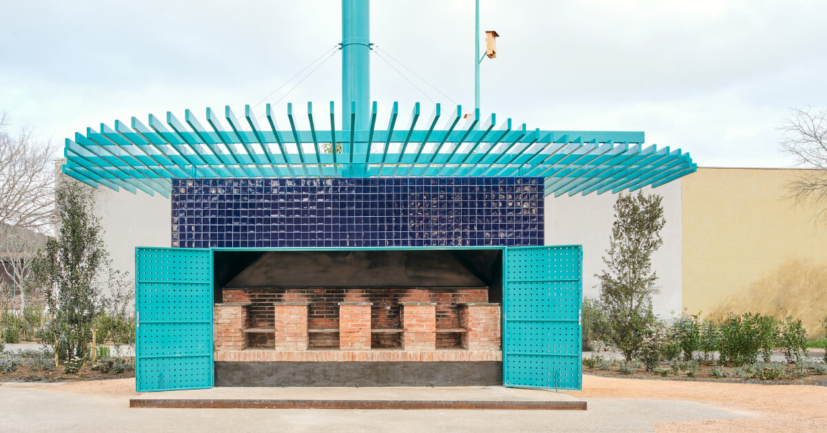 ceramic blue tiles evoking mediterranean clad h3o architects’ communal barbecue in spain