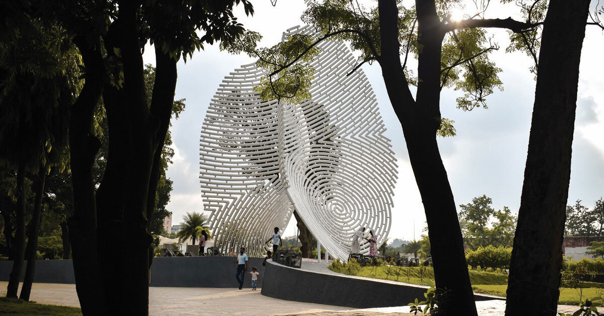 sculptural steel installation shapes touching fingerprint ridges in india