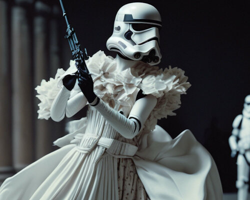 an AI-generated fashion rebellion dresses stormtroopers and wookies in haute couture 