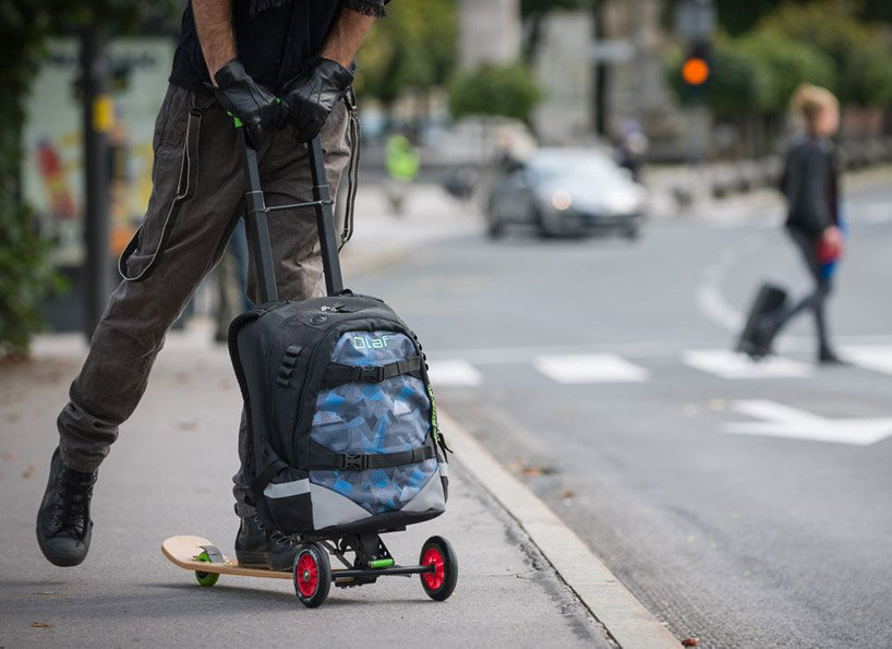 olaf folds from backpack to trolley, scooter and skateboard