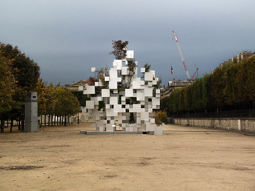 sou fujimoto adds greenery to layered cube installation in paris