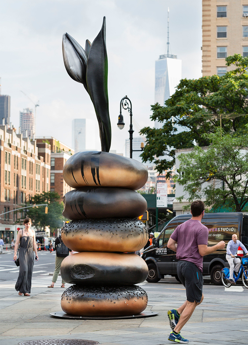 hanna liden sets sculptural bagel totems around new york city