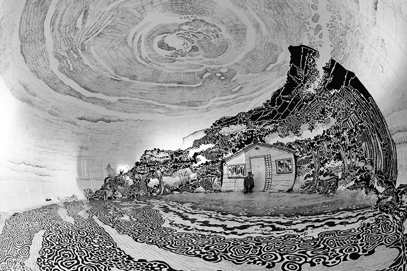 oscar oiwa draws a panoramic japanese landscape inside a giant inflated ...