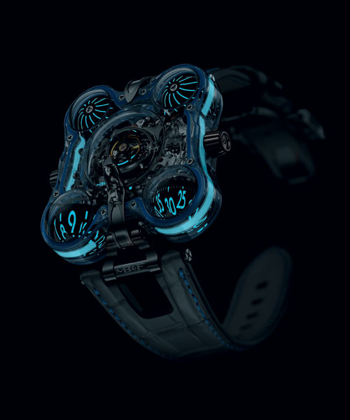 MB&F HM6 alien nation watch shimmers sci-fi glow beneath crystal form