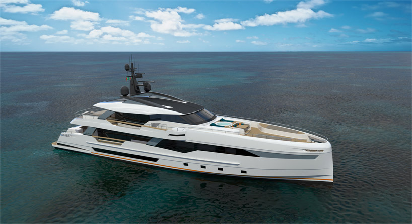 sporty-styled wider 130 yacht sails with waterside beach club