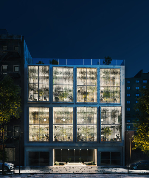 floor-to-ceiling gridded windows compose the façade of this residential ...