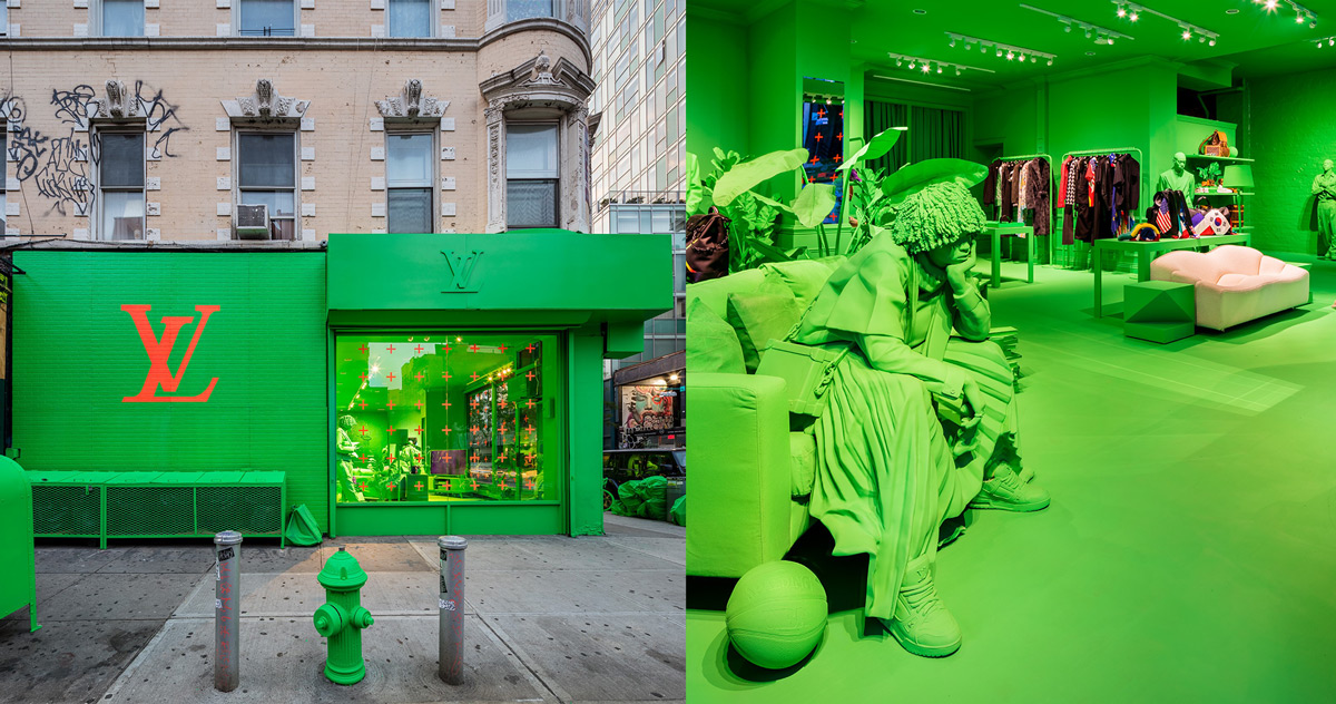 virgil abloh and louis vuitton colorize of pop-up in green