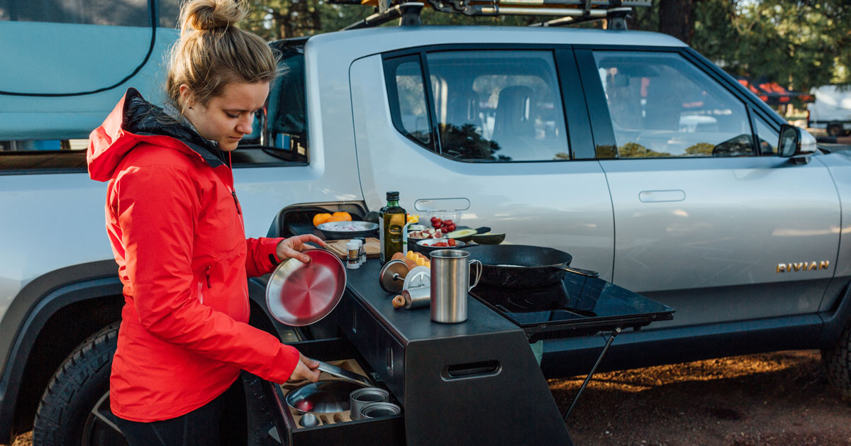 Rivian Adds Pull Out Kitchen Option To Its Electric Pickup Truck Camper