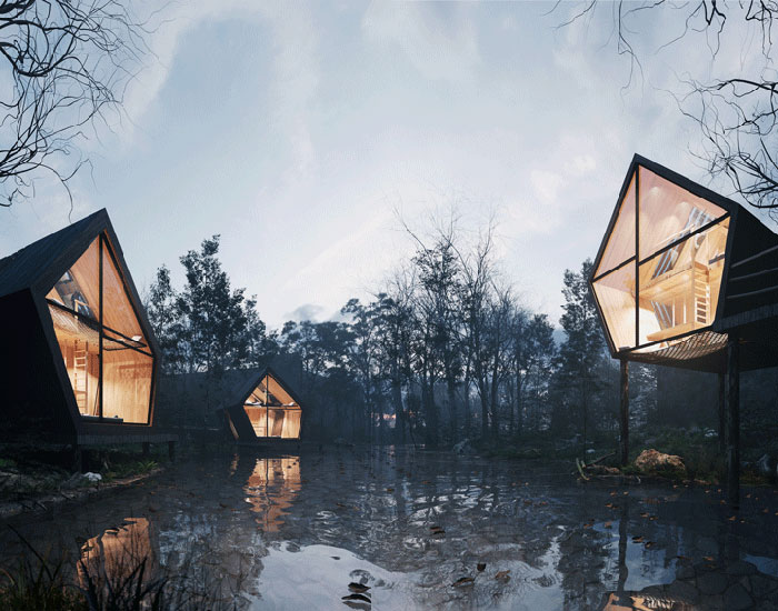 the wooden polyhedra open towards the lake and the surrounding forest ...