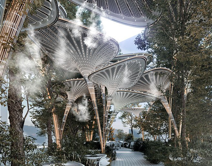 palm leaf canopies form ‘oasys’ outdoor refuge within abu dhabi urban fabric