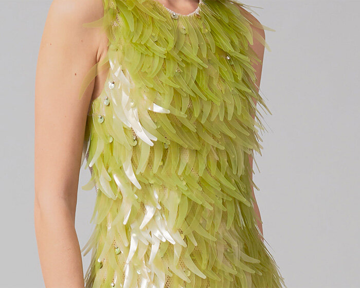 this dress has been crafted using algae-based sequins & carbon-neutral fabric