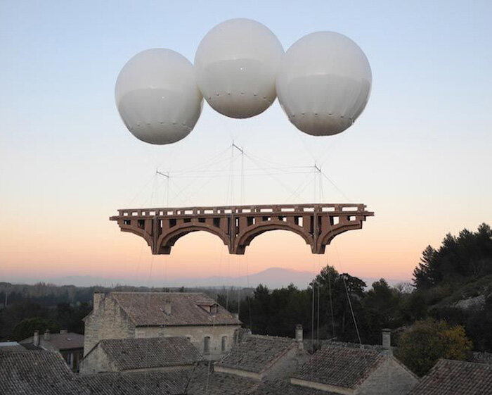 floating bridges and other temporary cardboard structures by artist olivier grossetête