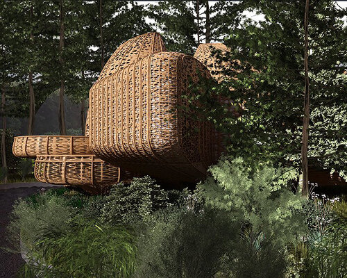 basket-inspired bamboo wellness resort hovers above chinese woodland