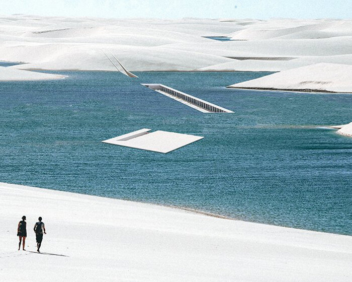 minimal housing space for kite-surfers is embedded into the water and sand in brazil