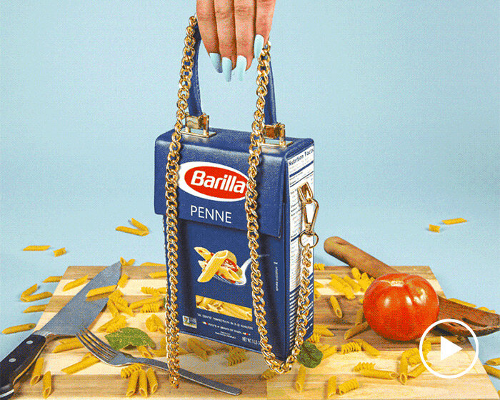 nik bentel transforms classic box of pasta into trendy mini fashion bag