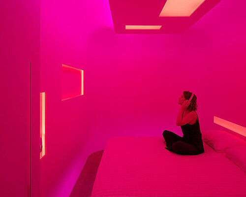 vibrant pixelated walls + immersive dreaming bedroom characterize zissou flagship store in sao paulo