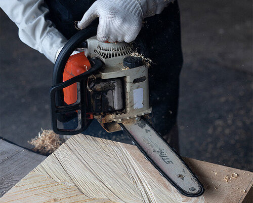 chainsaw carved japanese cypress forms symbolic textured furniture series by siin siin