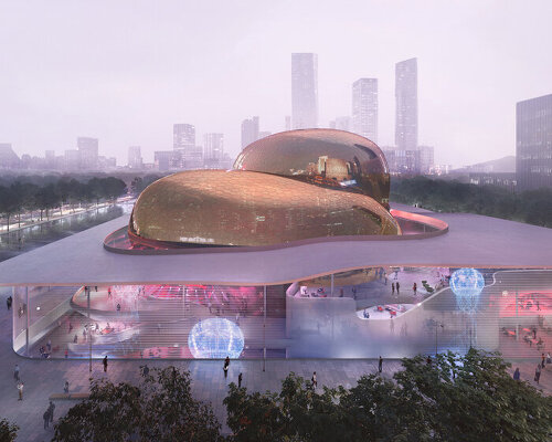 ennead architects' performing arts center will occupy two golden volumes in shenzhen