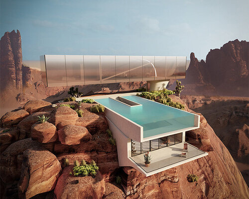 render of the day: a minimalist pool house sitting on top of a desert rock