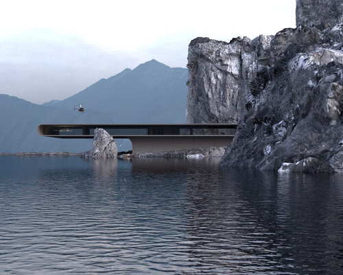 roman vlasov's floating concept house emerges from coastal cliffs