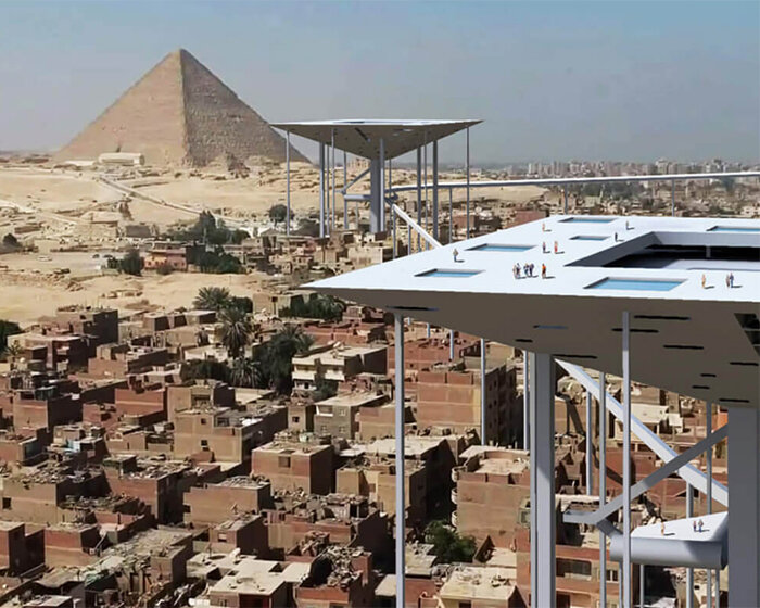 seven inverted pyramids form a cultural network above the bustling city of cairo