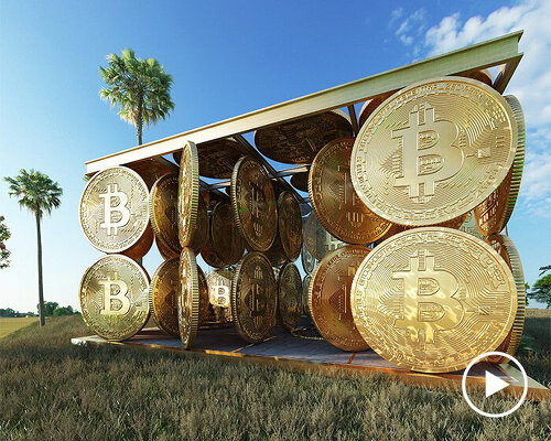 cyril lancelin imagines symbolic structure made of gigantic rotating bitcoins