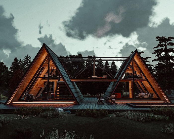 soheil kiani visualizes two symmetrical cabins connected by walkway in iranian forest