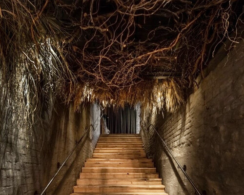 hanging roots and vaulted ceilings shape this underground bar in ukraine