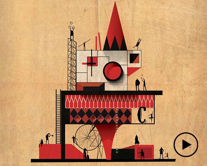 federico babina's illustrations stage dream-like architecture inside a circus show