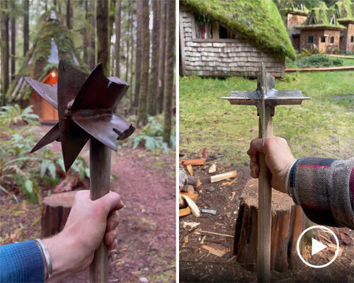 jacob witzling shows off these multi-bladed axes for splitting wood in cabinland