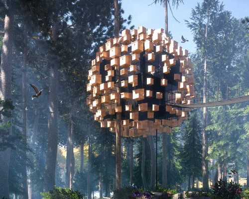 BIG designs treetop hotel room with a façade of bird nests in sweden