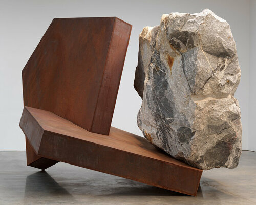 michael heizer balances 20 ton rocks with angular steel structures at gagosian new york