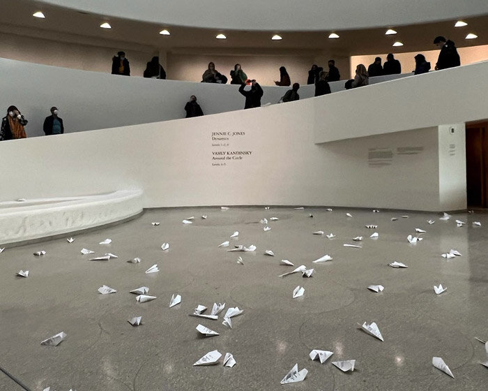 350 paper airplanes at guggenheim museum call for no-fly zone in ukraine