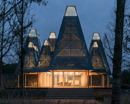 pyramidal frustum cluster tops GOA's restaurant of metasequoia grove in china