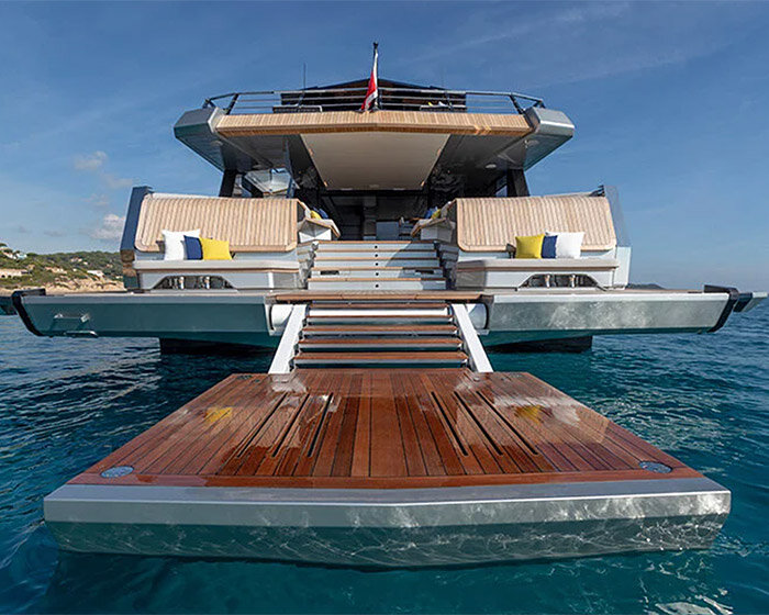 spaceship-like wallywhy200 superyacht floats folding terrace over water