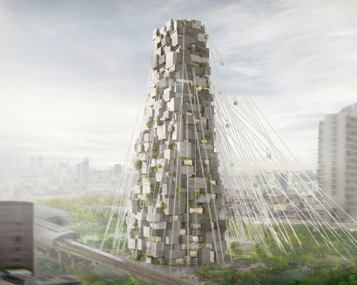 cable car lines connect this stacked tower proposal for bangkok civic center