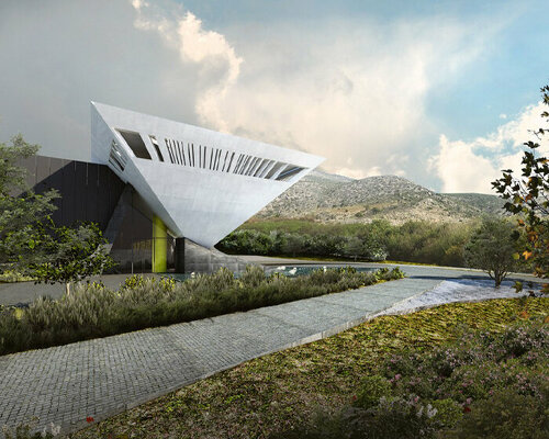 TAN envisions greek factory complex with inverted pyramid hinged at its side