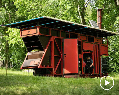 this bright red shed is a hybrid between a cabinet and a garden hut